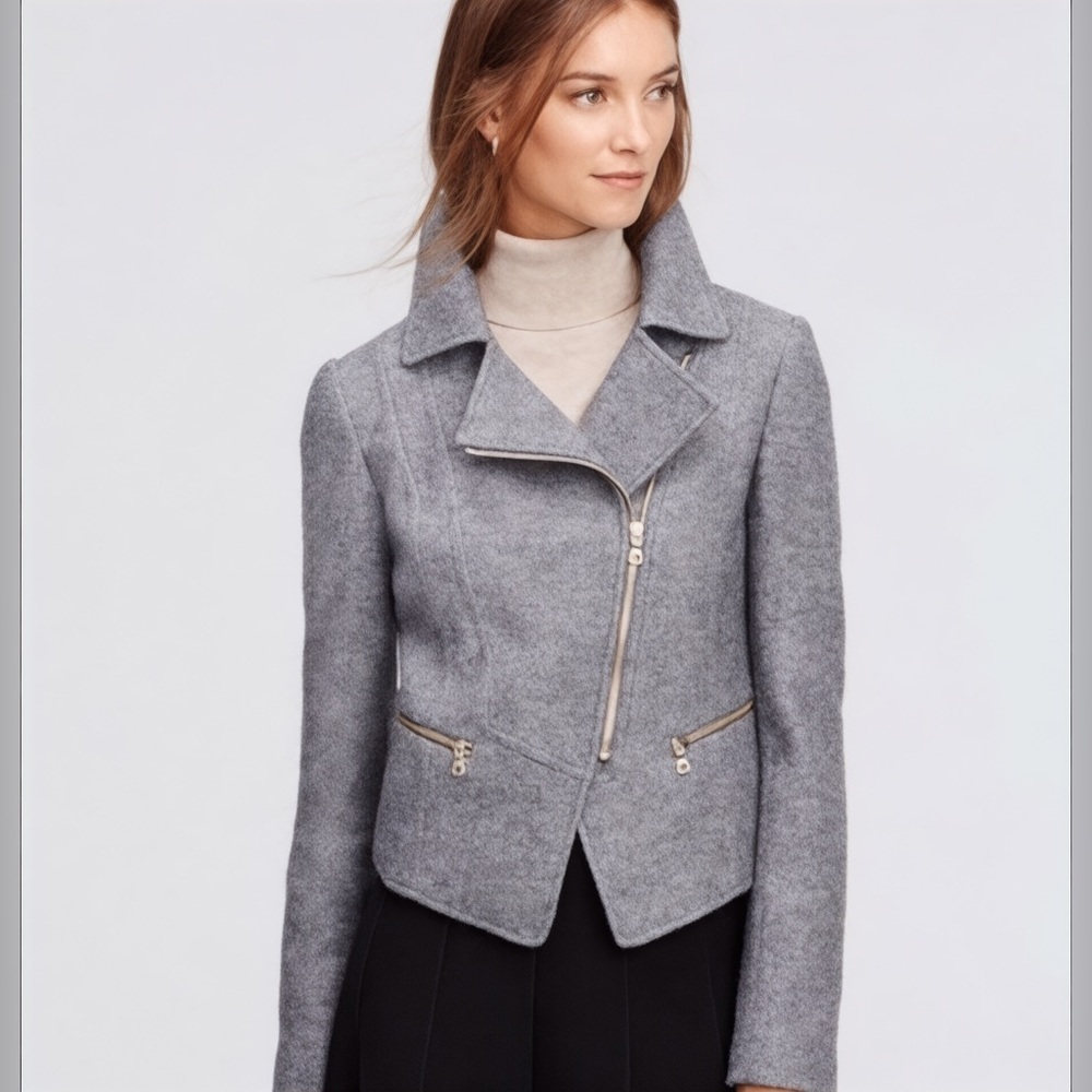 Ann Taylor Boiled Wool Blend Asymmetrical Zip Front Gray Moto Jacket Sz M